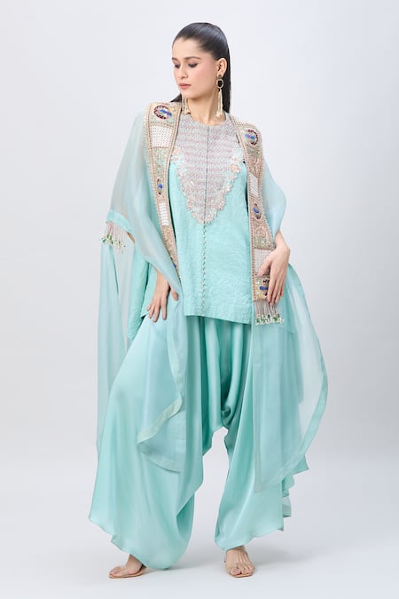 MINAXI DADOO Peacock Embroidered Cape & Short Kurta Set 