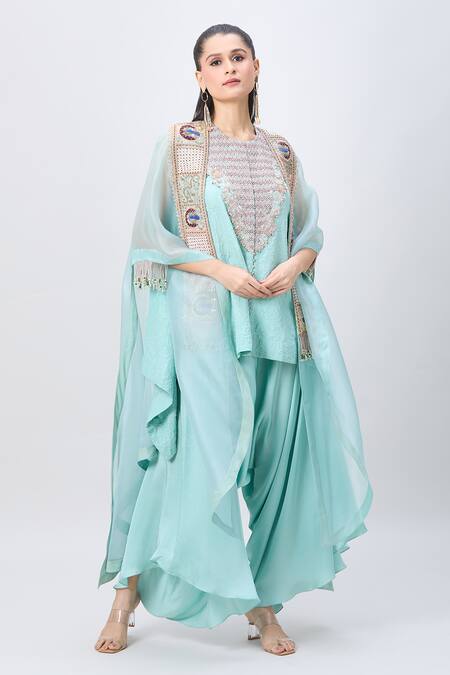 Buy_Minaxi Dadoo_Blue Organza, Silk Pearls, Sequins, Peacock Embroidered Cape And Short Kurta Set _Online_at_Aza_Fashions
