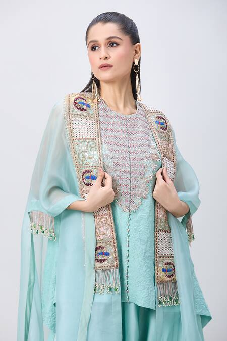 Shop_Minaxi Dadoo_Blue Organza, Silk Pearls, Sequins, Peacock Embroidered Cape And Short Kurta Set _Online_at_Aza_Fashions