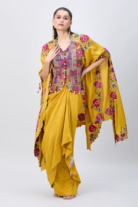 MINAXI DADOO Yellow China Dupion Embellished Kashmiri V Neck Cape And Crushed Skirt Set 