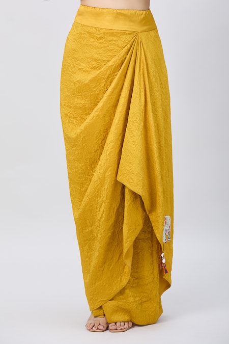 Minaxi Dadoo_Yellow Silk Tassels, Embroidery Kashmiri Embellished Cape And Crushed Skirt Set _Online_at_Aza_Fashions