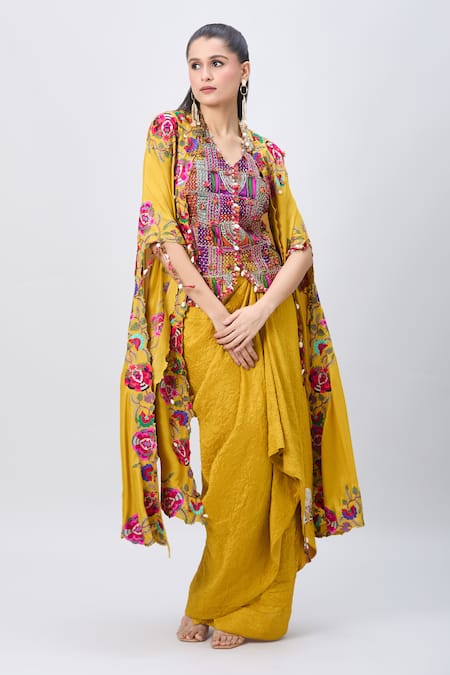 Buy_Minaxi Dadoo_Yellow Silk Tassels, Embroidery Kashmiri Embellished Cape And Crushed Skirt Set _Online_at_Aza_Fashions