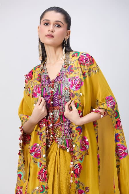 Shop_Minaxi Dadoo_Yellow Silk Tassels, Embroidery Kashmiri Embellished Cape And Crushed Skirt Set _Online_at_Aza_Fashions