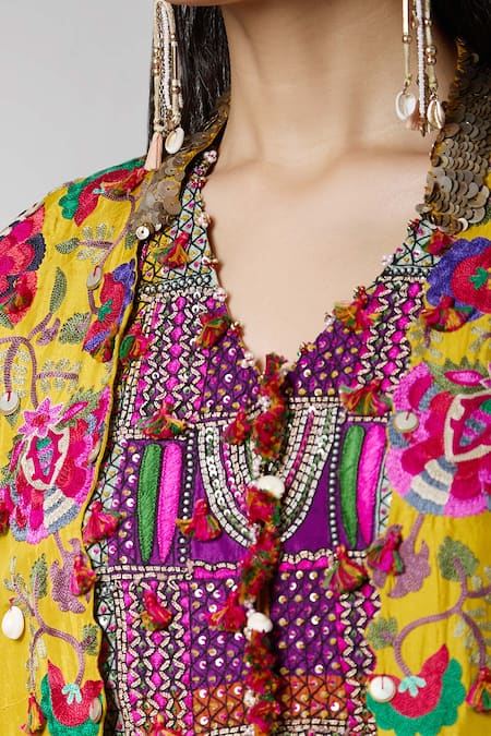Minaxi Dadoo_Yellow Silk Tassels, Embroidery Kashmiri Embellished Cape And Crushed Skirt Set _at_Aza_Fashions