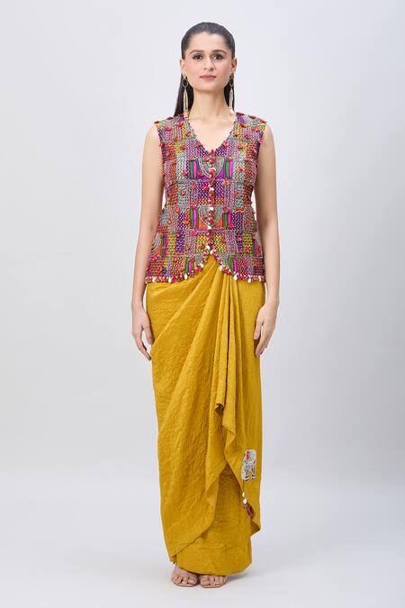 Buy_Minaxi Dadoo_Yellow Silk Tassels, Embroidery Kashmiri Embellished Cape And Crushed Skirt Set 