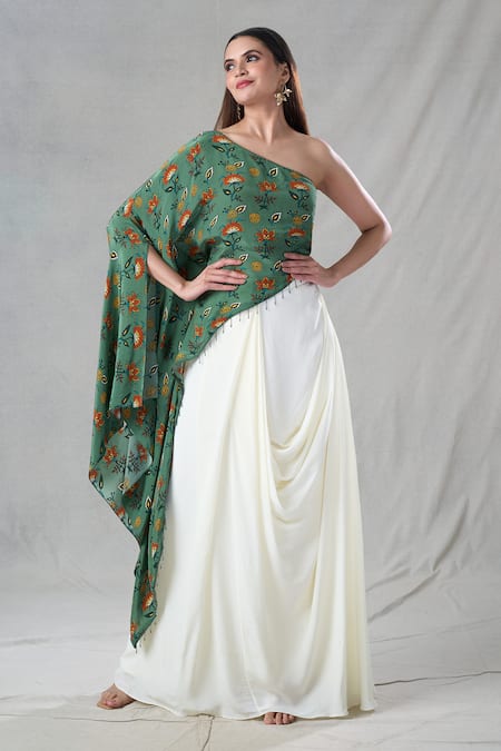 Suave Green Crepe Printed Floral Asymmetric Pattern Tunic With Skirt 