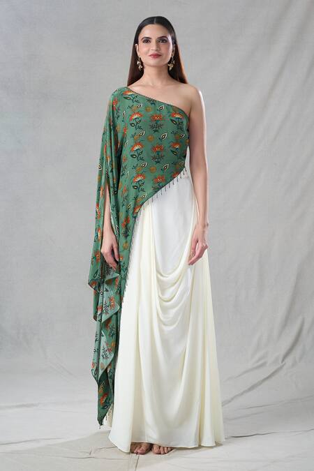 Suave_Green Crepe Printed Floral Asymmetric Pattern Tunic With Skirt _at_Aza_Fashions