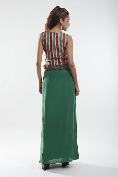 Shop_Suave_Green Top Dola Silk Stripe V Neck Front Slit With Skirt _at_Aza_Fashions