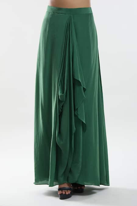 Suave_Green Top Dola Silk Stripe V Neck Front Slit With Skirt _Online_at_Aza_Fashions
