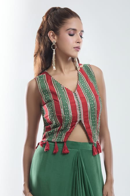 Suave_Green Top Dola Silk Stripe V Neck Front Slit With Skirt _at_Aza_Fashions