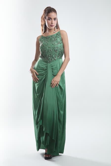 Suave Floral Embroidered Yoke Draped Gown 