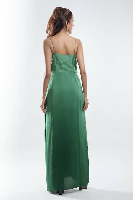 Shop_Suave_Green Crepe Embroidery Floral Round Yoke Draped Gown _at_Aza_Fashions