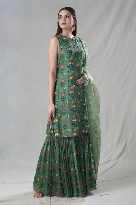 Suave Green Kurta Dola Silk Embroidery Floral Round Pattern Sharara Set 