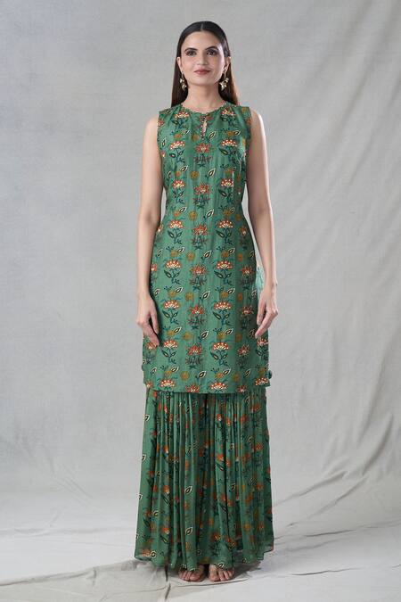 Suave_Green Kurta Dola Silk Embroidery Floral Round Pattern Sharara Set _Online_at_Aza_Fashions