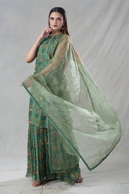 Shop_Suave_Green Kurta Dola Silk Embroidery Floral Round Pattern Sharara Set _Online_at_Aza_Fashions