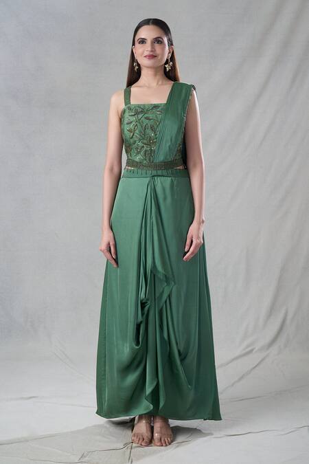 Suave_Green Denim, Satin Sequins, Beads, Tassel Detailed Pre-draped Saree With Blouse _Online_at_Aza_Fashions