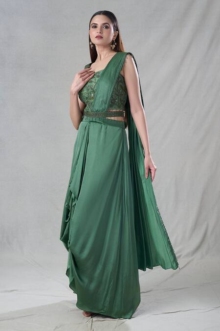 Shop_Suave_Green Denim, Satin Sequins, Beads, Tassel Detailed Pre-draped Saree With Blouse _Online_at_Aza_Fashions