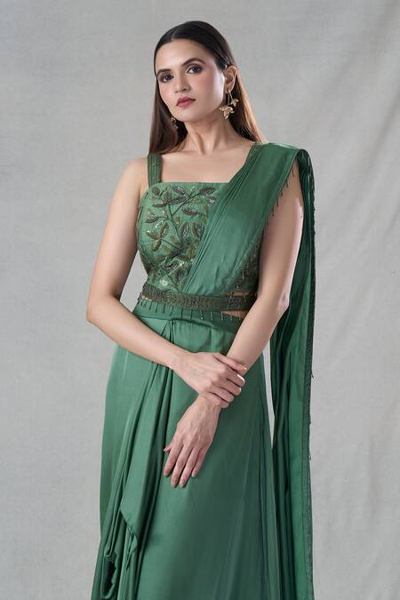 Suave_Green Denim, Satin Sequins, Beads, Tassel Detailed Pre-draped Saree With Blouse _at_Aza_Fashions