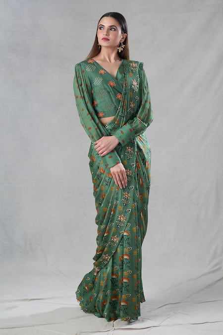 Suave Floral Pre-Draped Saree With Blouse 