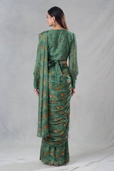 Shop_Suave_Green Blouse Dola Silk Floral V Neck Pre-draped Saree With _at_Aza_Fashions