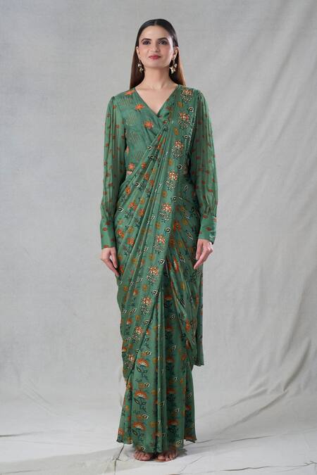 Buy_Suave_Green Blouse Dola Silk Floral V Neck Pre-draped Saree With _Online_at_Aza_Fashions
