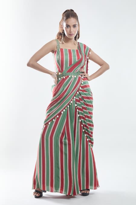 Suave Stripe Pattern Pre-Draped Saree With Blouse 