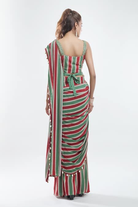 Suave Stripe Pattern Pre-Draped Saree With Blouse 