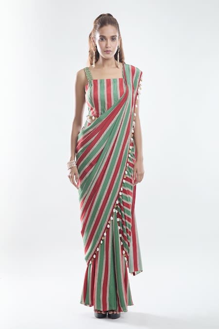 Suave_Green Crepe, Denim Sequins, Stripe Pattern Pre-draped Saree With Blouse _Online_at_Aza_Fashions