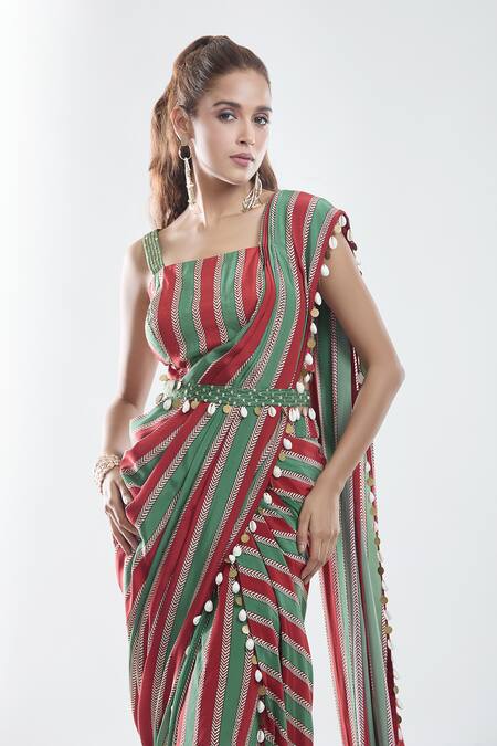 Buy_Suave_Green Crepe, Denim Sequins, Stripe Pattern Pre-draped Saree With Blouse _Online_at_Aza_Fashions
