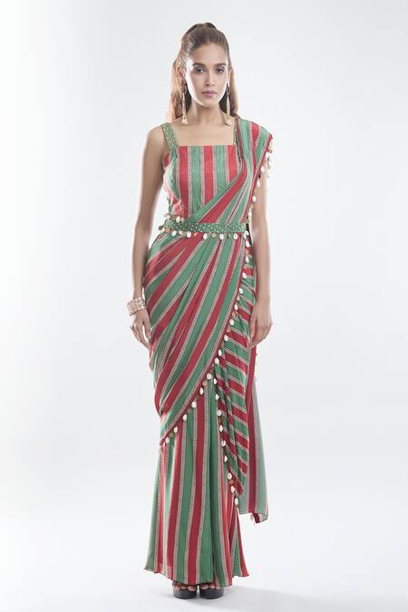 Suave_Green Crepe, Denim Sequins, Stripe Pattern Pre-draped Saree With Blouse _at_Aza_Fashions