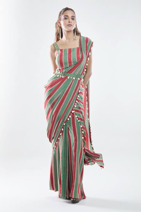 Buy_Suave_Green Crepe, Denim Sequins, Stripe Pattern Pre-draped Saree With Blouse 