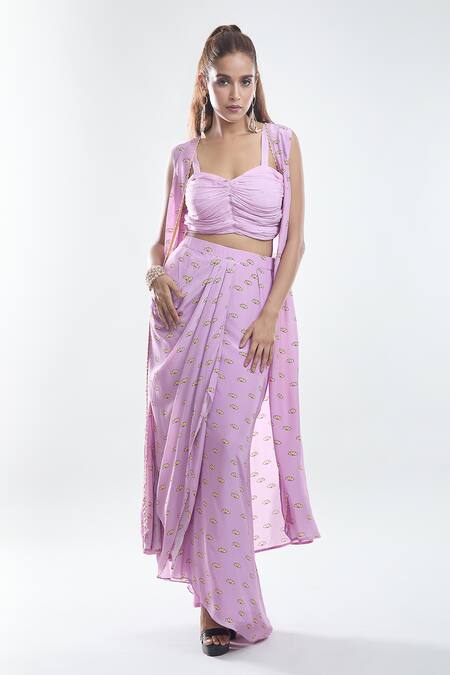 Buy_Suave_Purple Skirt And Jacket Crepe Printed Floral Bustier Motif Set With Cape _Online_at_Aza_Fashions