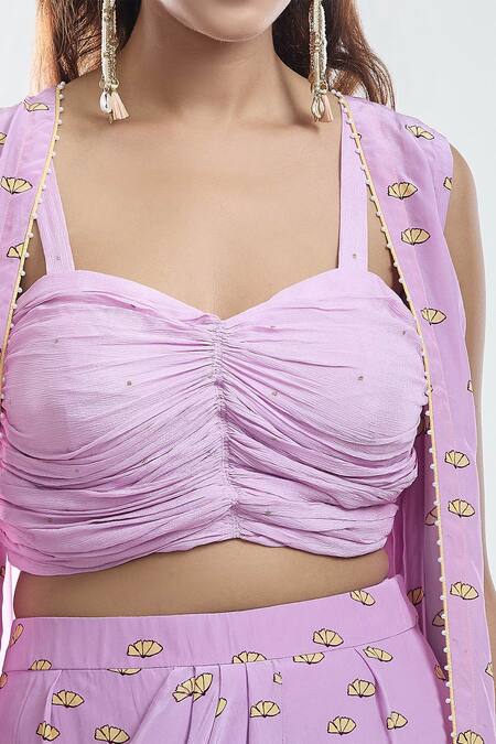 Suave_Purple Skirt And Jacket Crepe Printed Floral Bustier Motif Set With Cape _at_Aza_Fashions