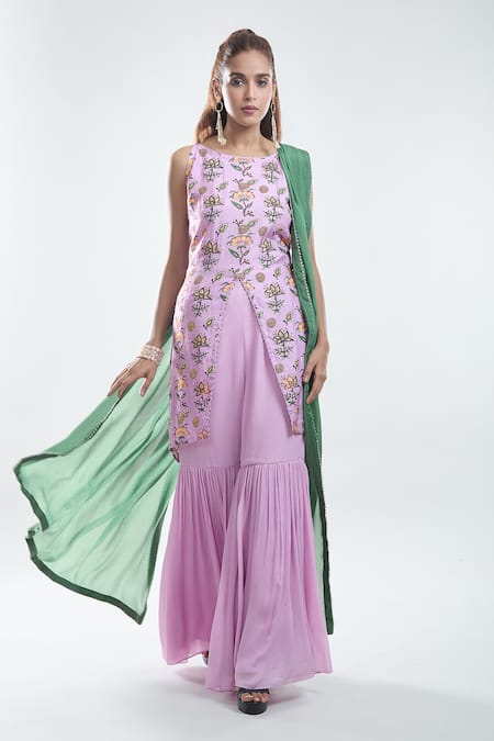 Shop_Suave_Purple Kurta Dola Silk Printed Floral Round Front Slit Sharara Set _Online_at_Aza_Fashions