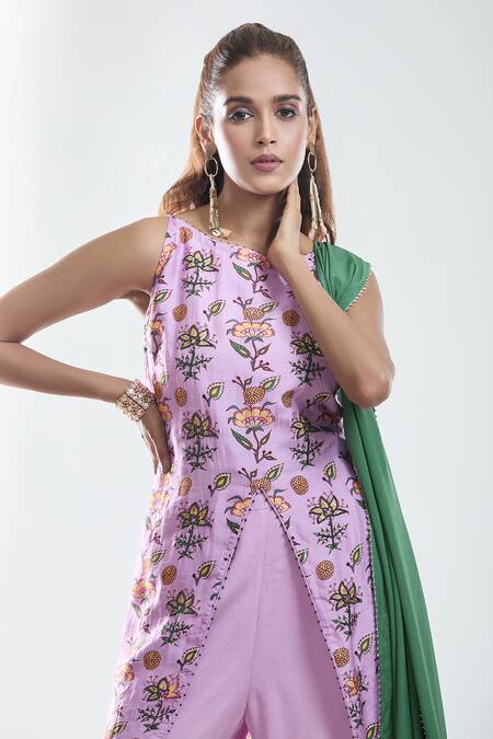 Buy_Suave_Purple Kurta Dola Silk Printed Floral Round Front Slit Sharara Set 