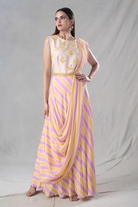 Suave Stripe Pattern Attached Drape Gown 