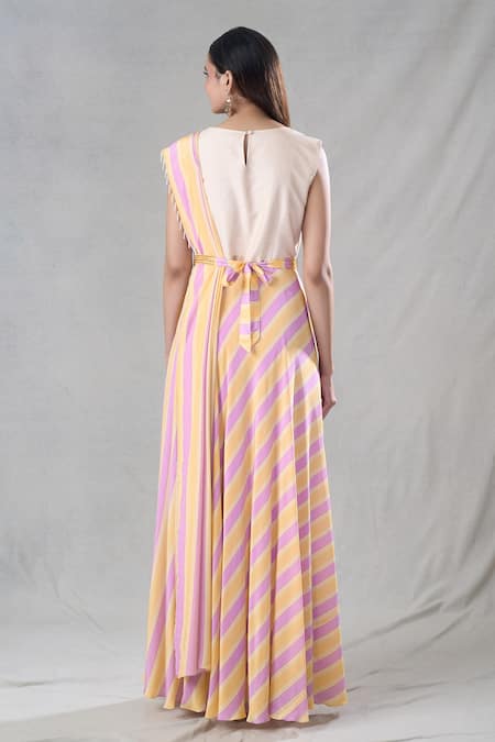 Suave Stripe Pattern Attached Drape Gown 