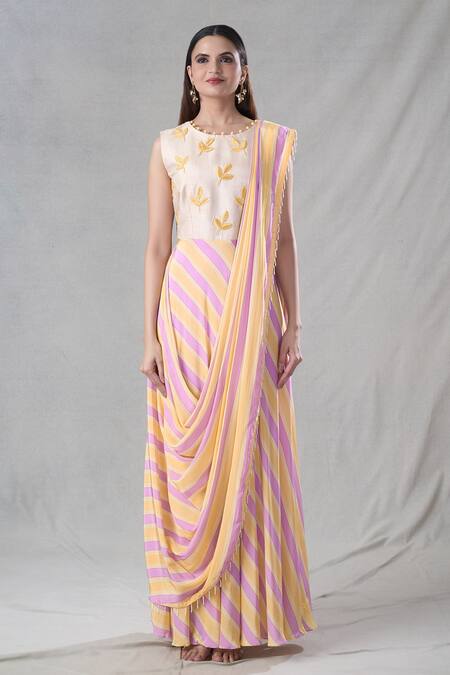 Suave_Purple Crepe Embroidery Leaf Round Stripe Pattern Attached Drape Gown _at_Aza_Fashions