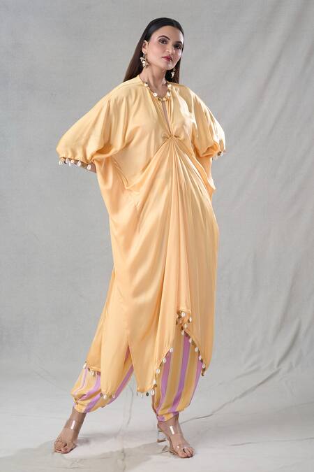 Buy_Suave_Yellow Pant Crepe Shell Round Detailed Draped Kaftan With _Online_at_Aza_Fashions