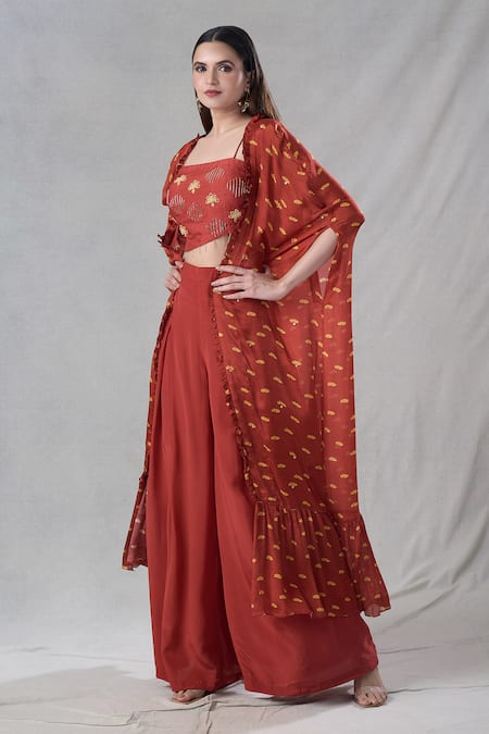 Suave_Orange Chiffon, Crepe, Cotton Embroidery Square Neck Floral Pant Set With Cape _at_Aza_Fashions