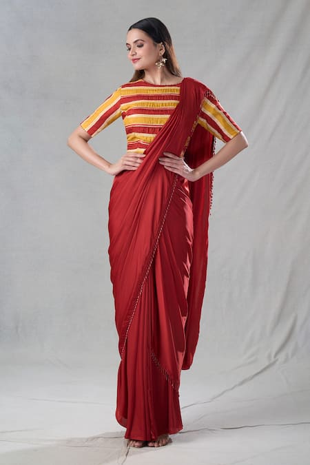 Suave Dangling Pipe Detailed Pre-Draped Saree With Blouse 