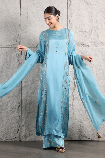 KIRAN KALSI Blue Kurta And Palazzo Organza Satin Hand Embroidery Mirror Round Set 