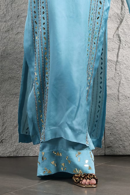 Kiran Kalsi_Blue Organza, Satin Mirrors, Beads Round Neck Hand Embroidered Kurta Palazzo Set _Online_at_Aza_Fashions