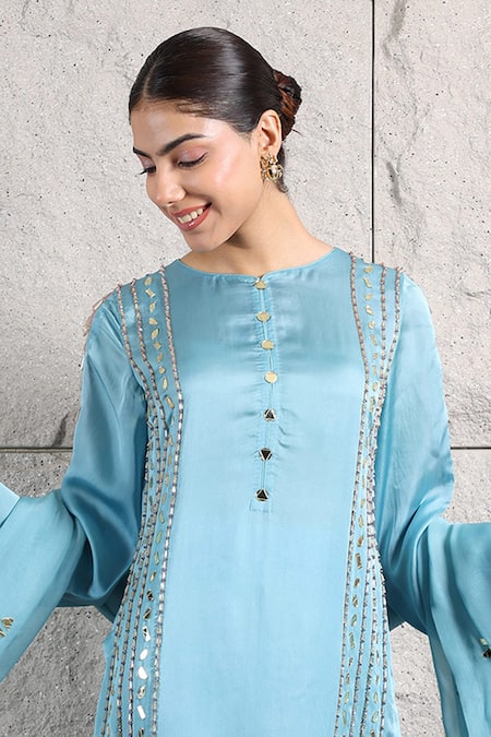 Buy_Kiran Kalsi_Blue Organza, Satin Mirrors, Beads Round Neck Hand Embroidered Kurta Palazzo Set _Online_at_Aza_Fashions