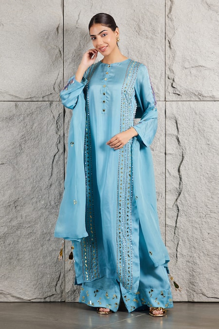 Shop_Kiran Kalsi_Blue Organza, Satin Mirrors, Beads Round Neck Hand Embroidered Kurta Palazzo Set _Online_at_Aza_Fashions