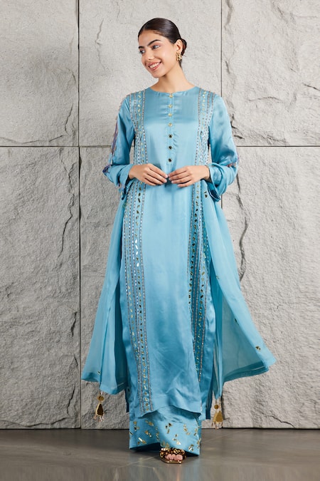 Kiran Kalsi_Blue Organza, Satin Mirrors, Beads Round Neck Hand Embroidered Kurta Palazzo Set _at_Aza_Fashions
