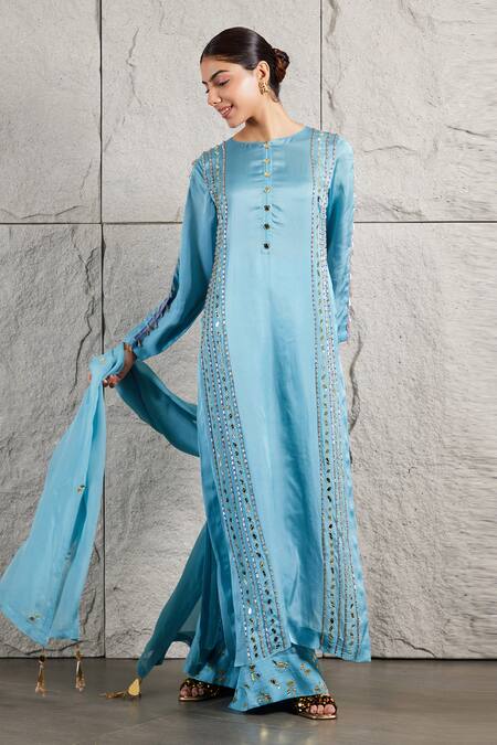 Shop_Kiran Kalsi_Blue Organza, Satin Mirrors, Beads Round Neck Hand Embroidered Kurta Palazzo Set 