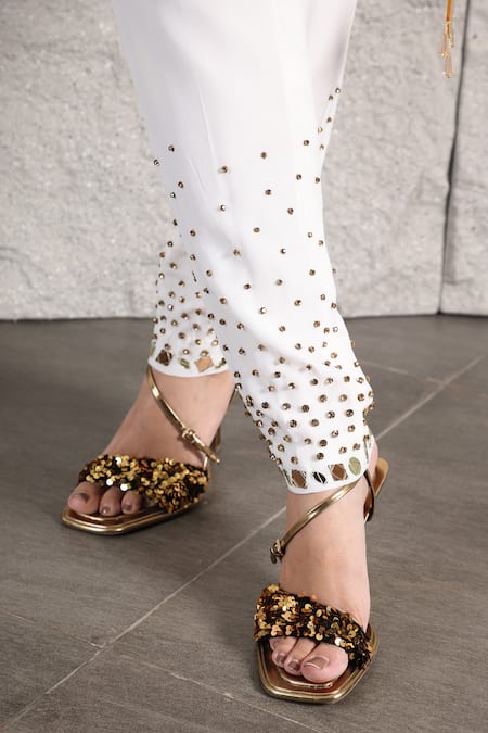 Kiran Kalsi_White Organza, Satin, Crepe Crystals, Mirrors Hand Embroidered A-line Kurta Set _Online_at_Aza_Fashions