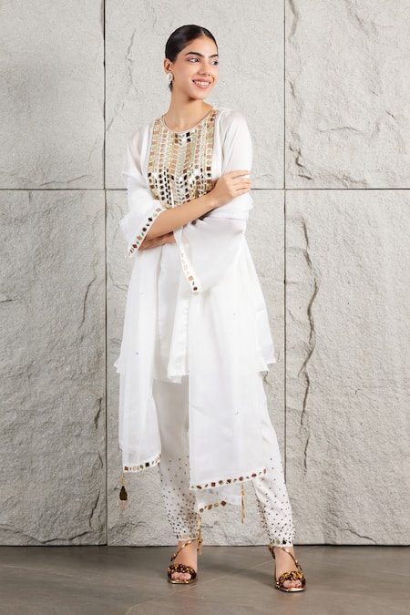 Buy_Kiran Kalsi_White Organza, Satin, Crepe Crystals, Mirrors Hand Embroidered A-line Kurta Set _Online_at_Aza_Fashions
