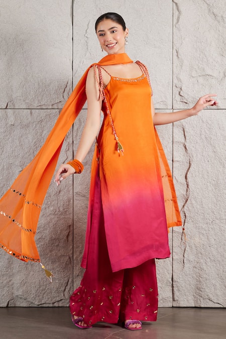 Kiran Kalsi_Orange Organza Mirrors Round Neck Hand Embroidered Ombre Kurta Set _Online_at_Aza_Fashions